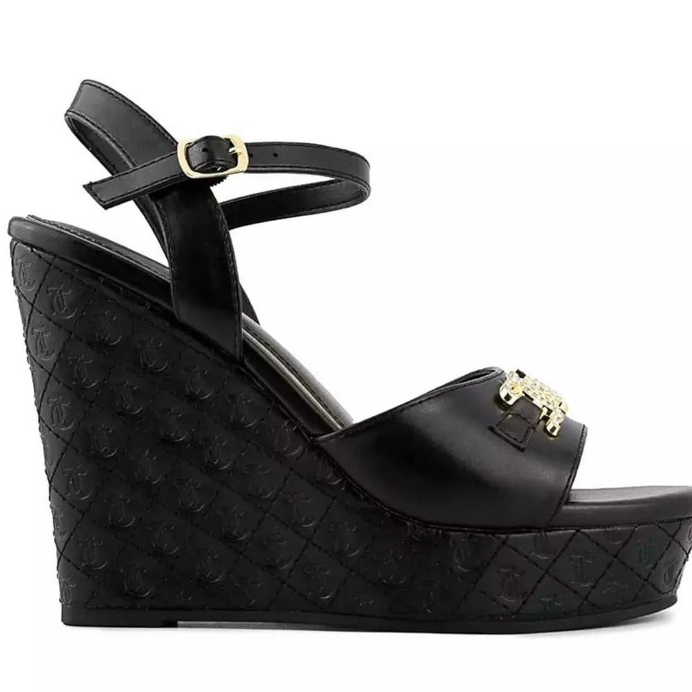 Black‎ Wedge Sandals with Gold Accent